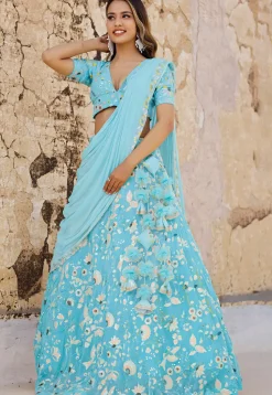 Embroidered Georgette Lehenga in Sky Blue