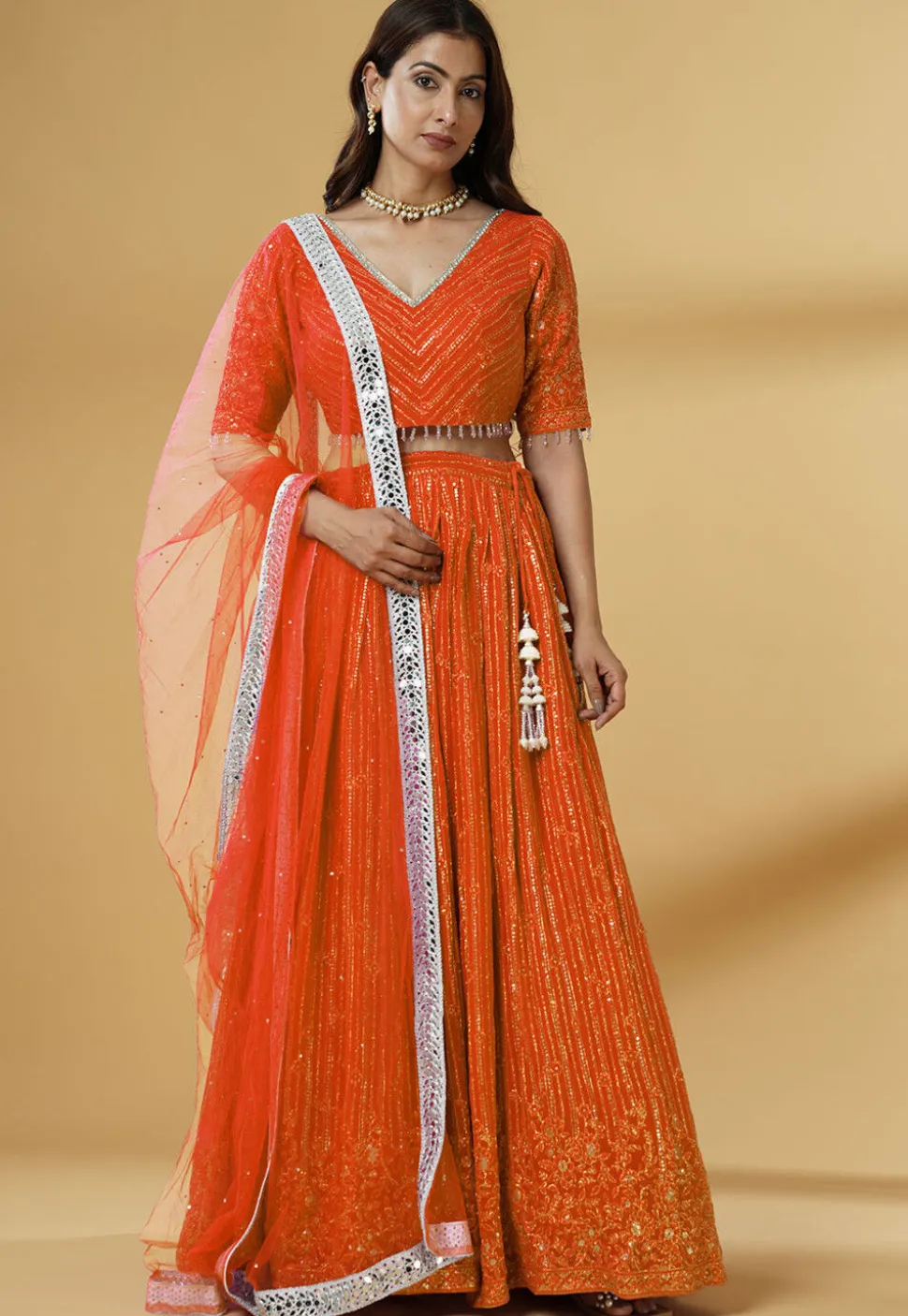 Embroidered Georgette Lehenga in Orange