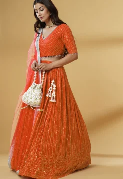 Embroidered Georgette Lehenga in Orange