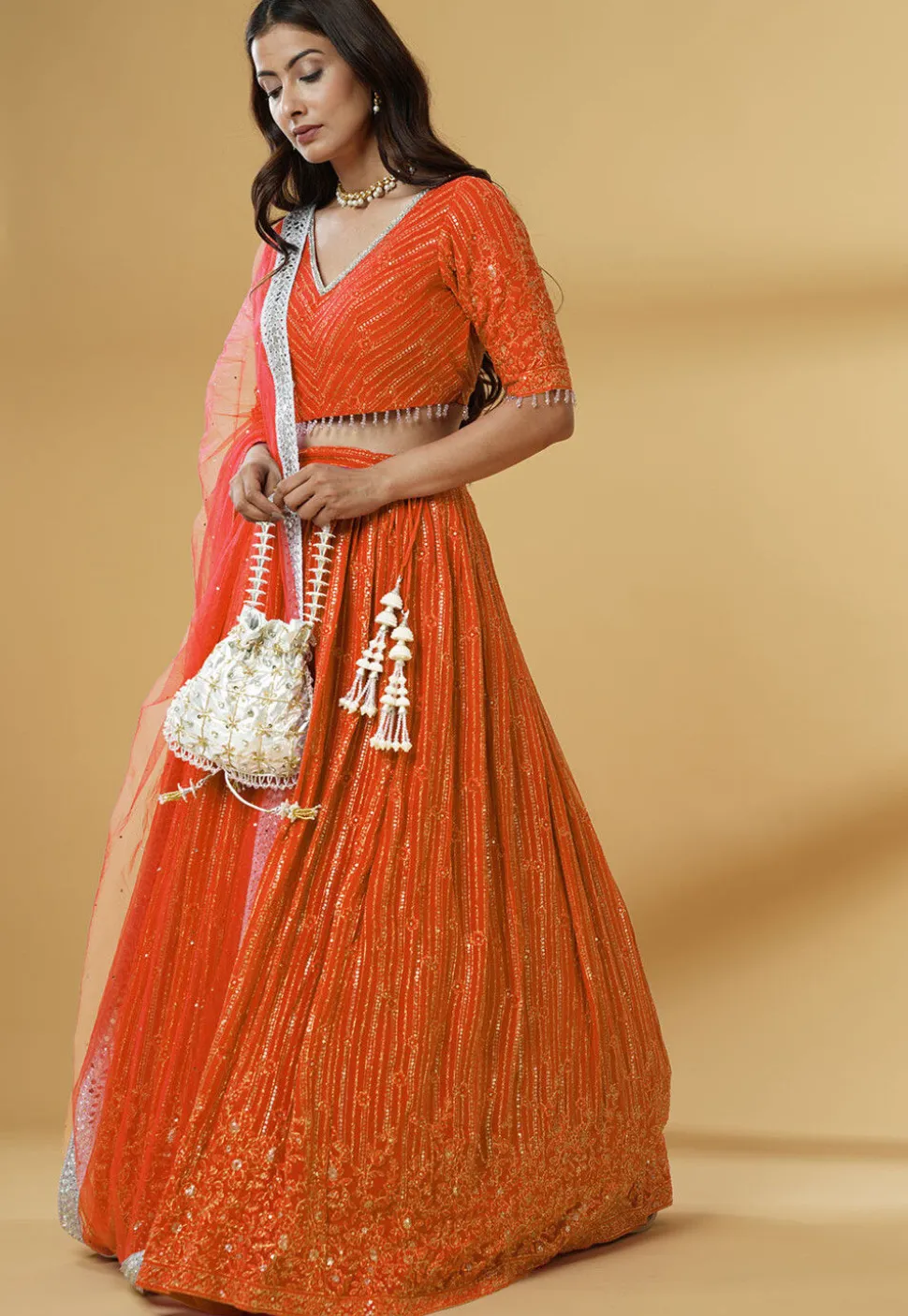 Embroidered Georgette Lehenga in Orange