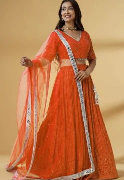 Embroidered Georgette Lehenga in Orange