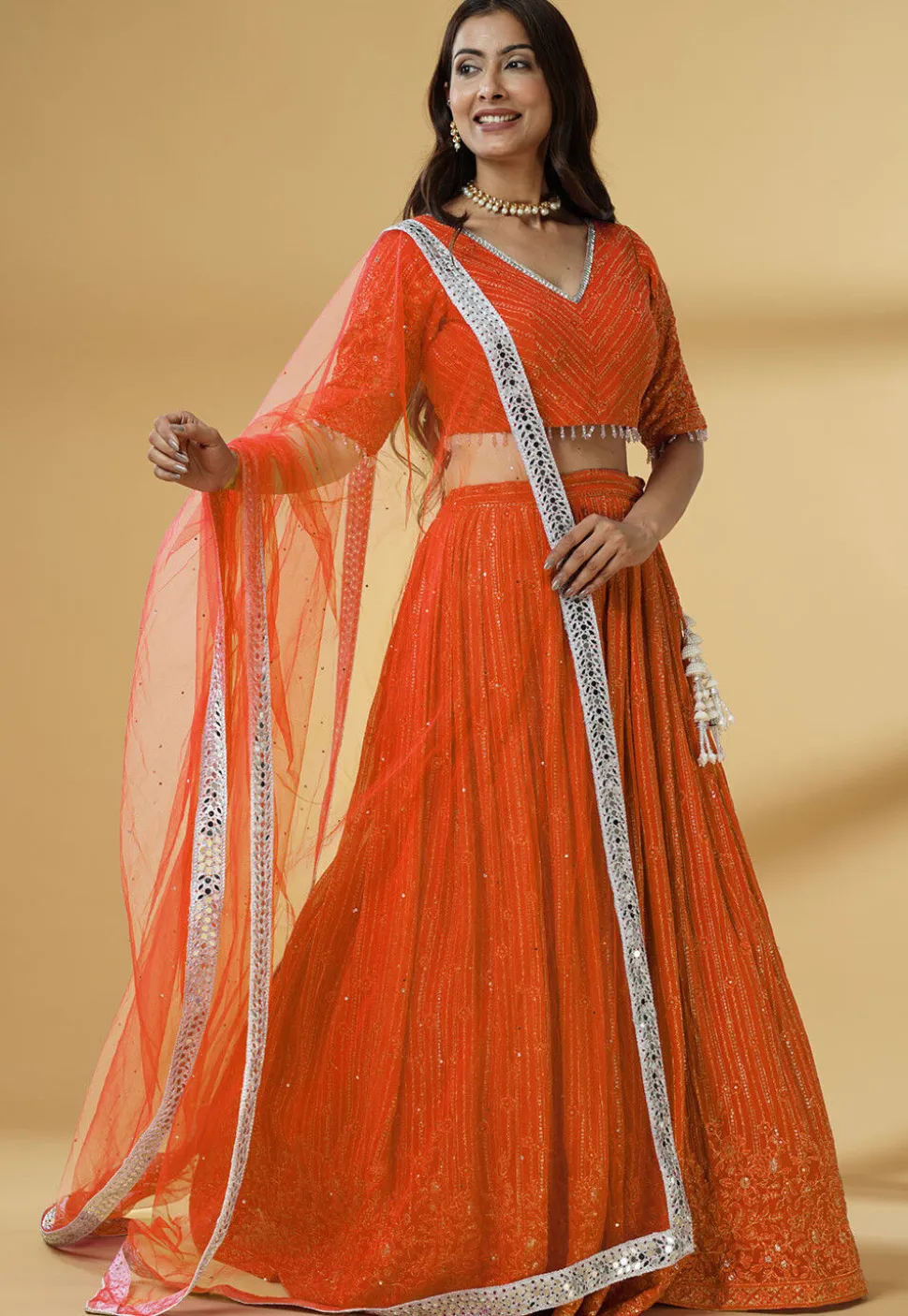 Embroidered Georgette Lehenga in Orange