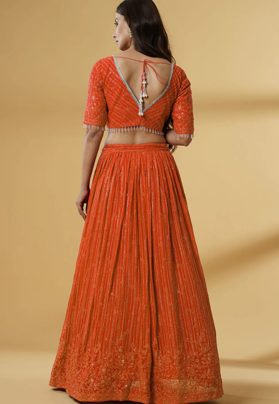 Embroidered Georgette Lehenga in Orange