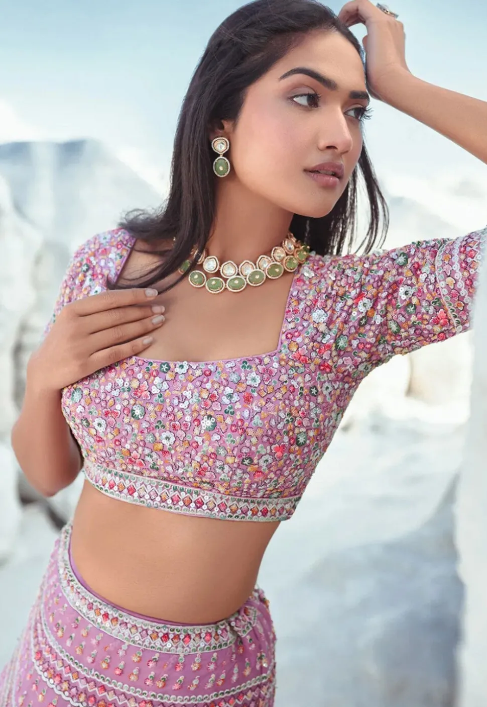 Embroidered Georgette Lehenga in Pink