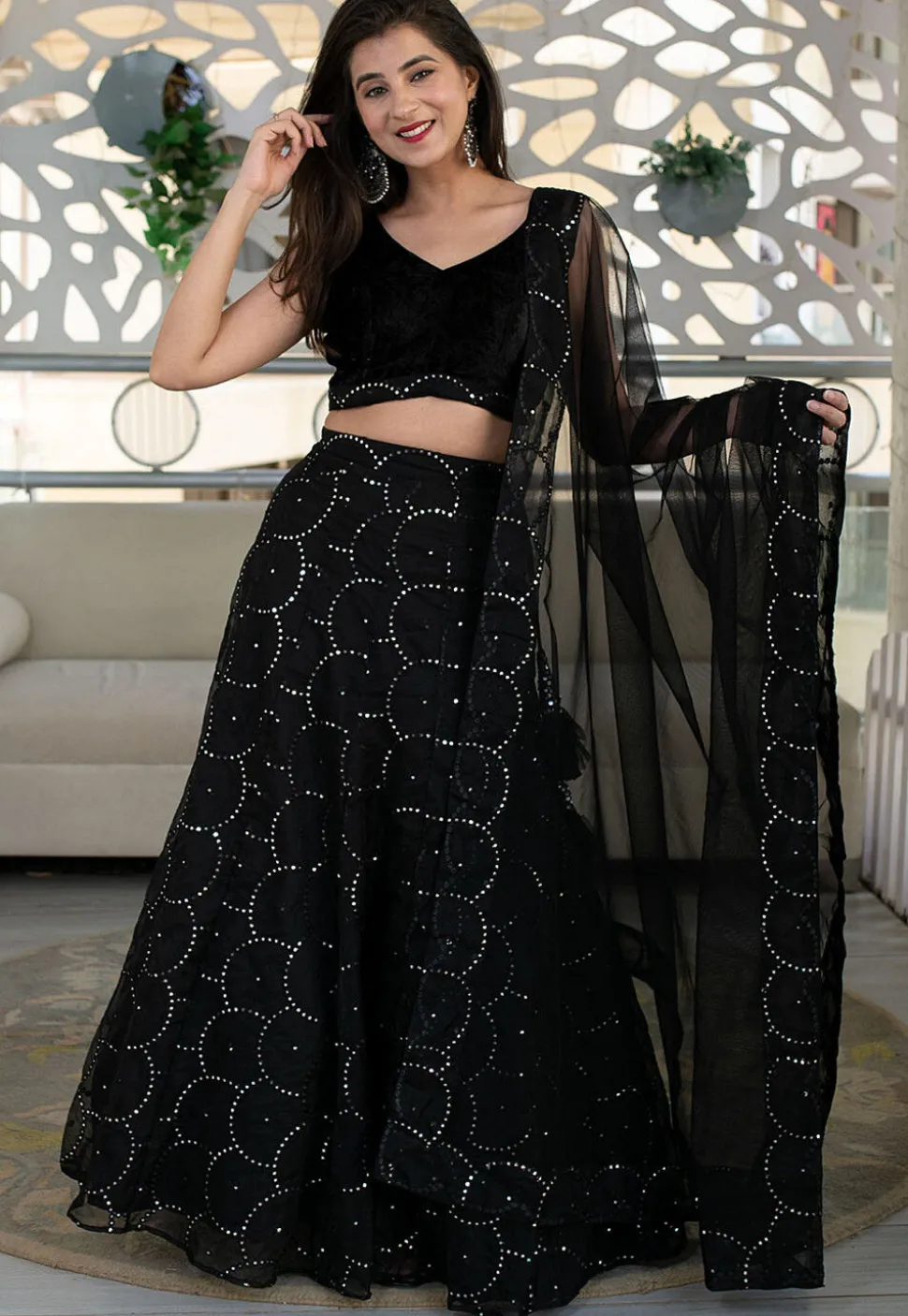 Embroidered Georgette Lehenga in Black