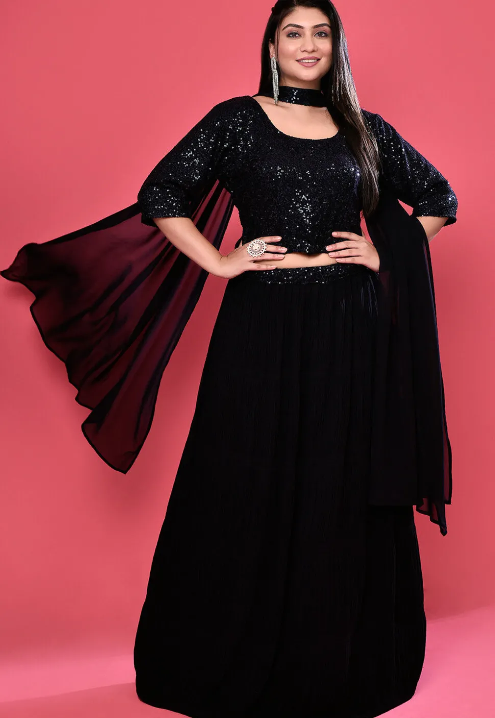 Embroidered Georgette Lehenga in Dark Navy Blue