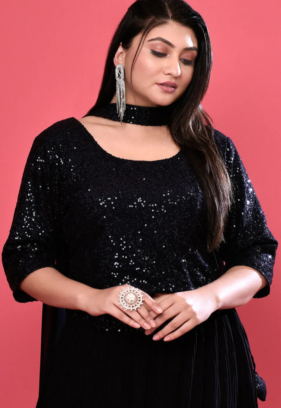 Embroidered Georgette Lehenga in Dark Navy Blue