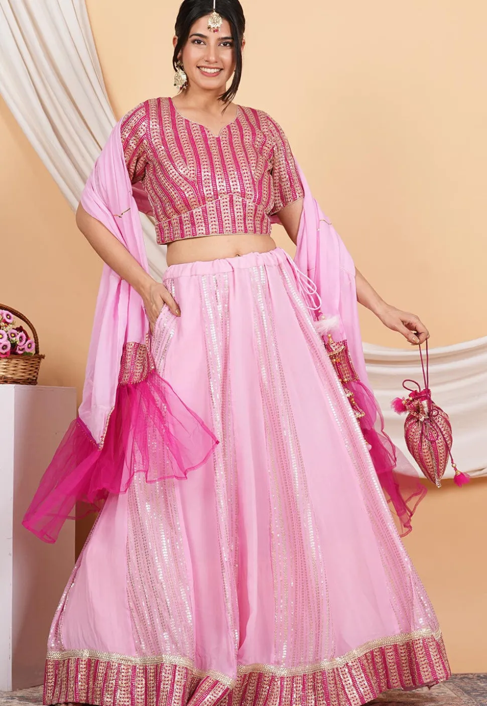 Embroidered Georgette Lehenga in Baby Pink