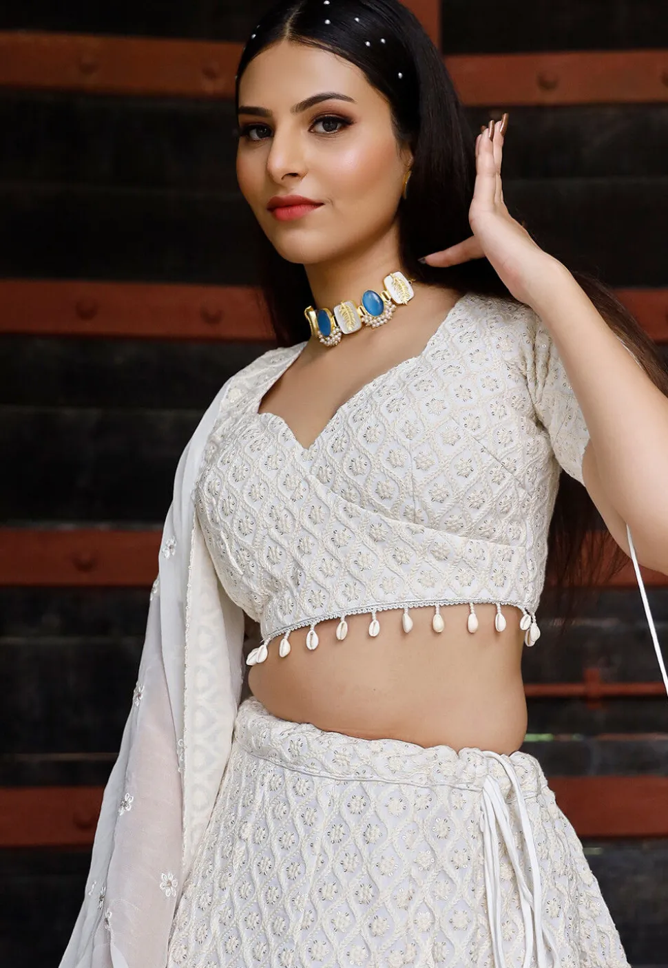 Embroidered Georgette Lehenga in White