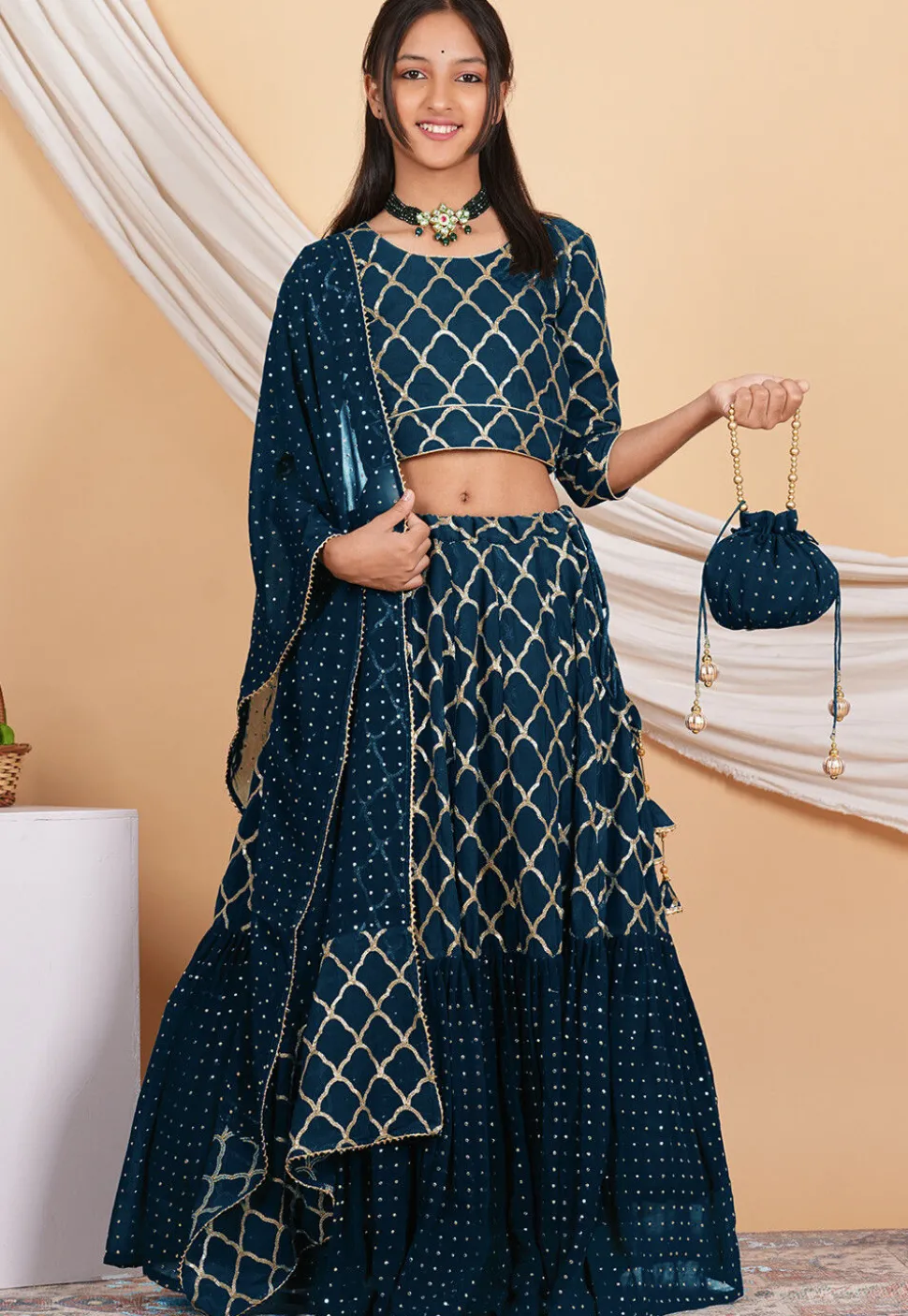 Embroidered Georgette Lehenga in Teal Blue