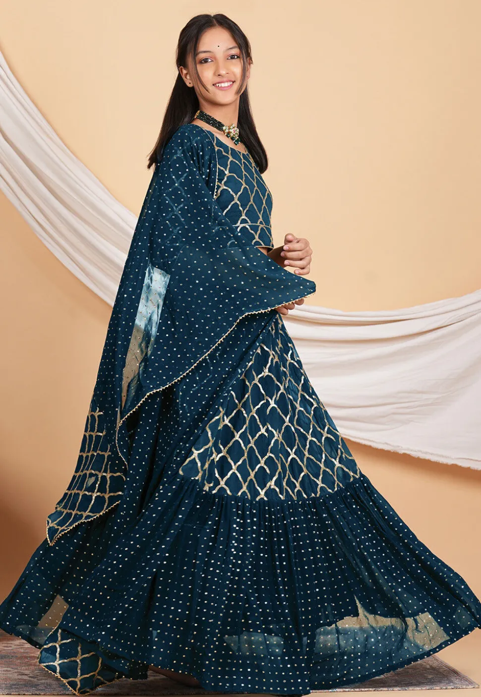 Embroidered Georgette Lehenga in Teal Blue