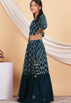 Embroidered Georgette Lehenga in Teal Blue