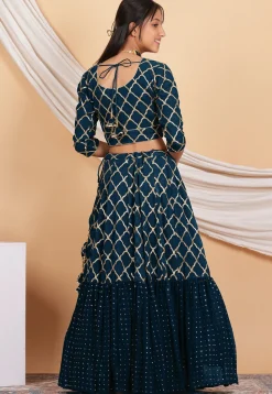 Embroidered Georgette Lehenga in Teal Blue