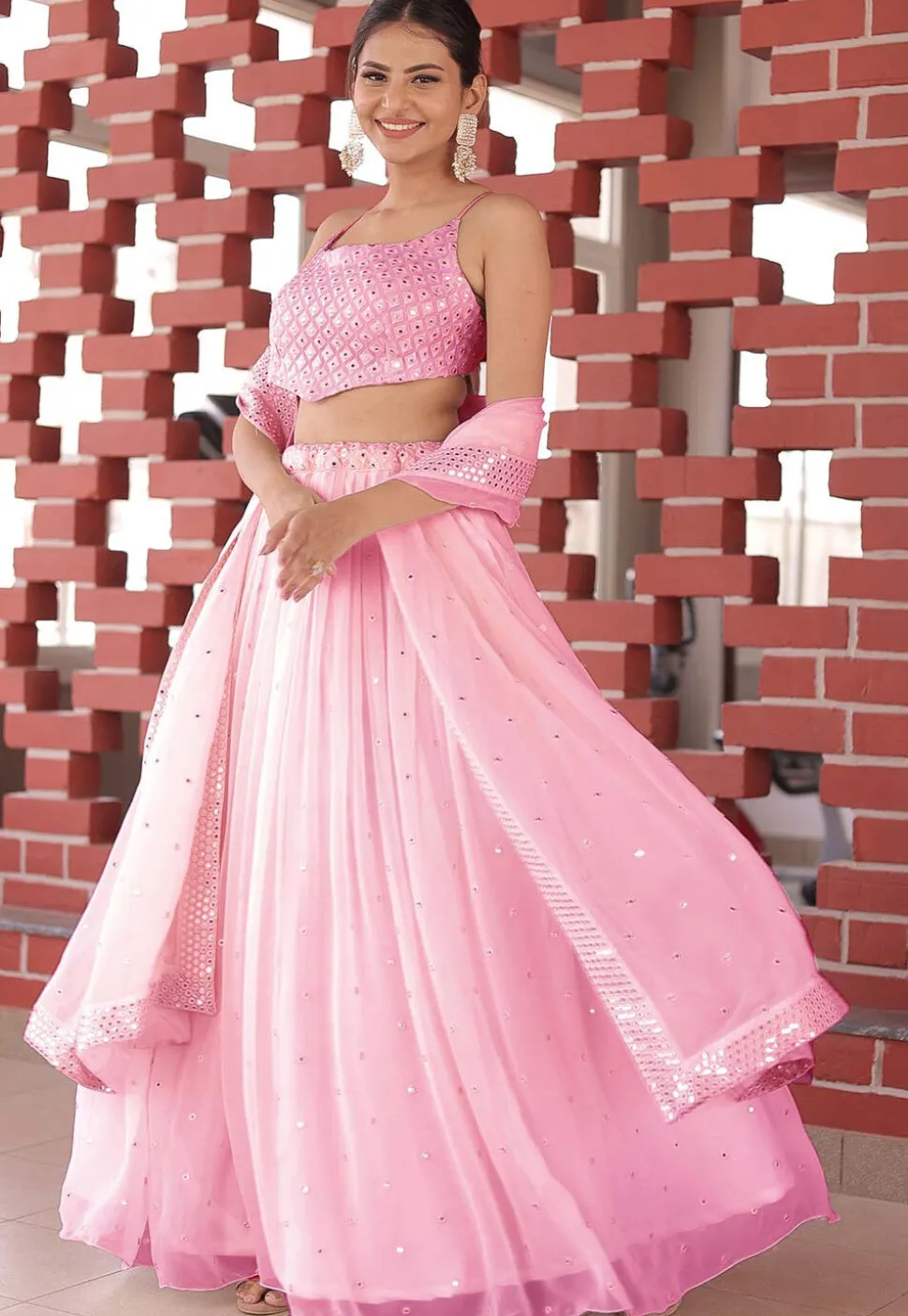 Embroidered Georgette Lehenga in Pastel Pink