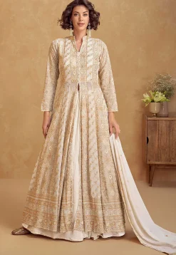 Embroidered Georgette Lehenga in Off White