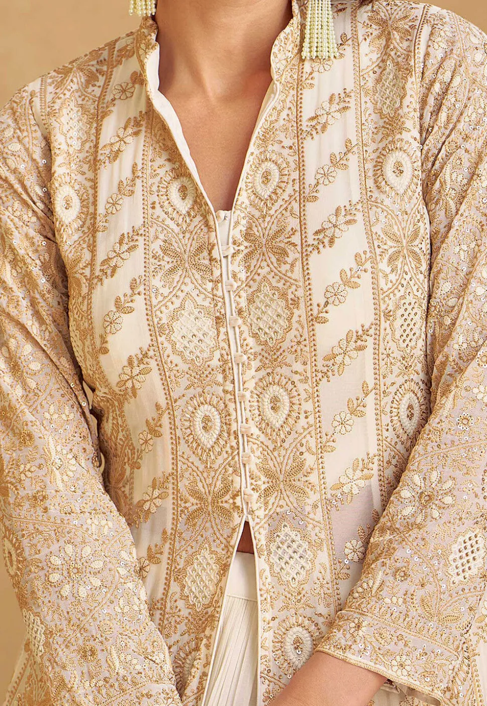 Embroidered Georgette Lehenga in Off White