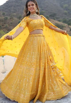 Embroidered Georgette Lehenga in Yellow