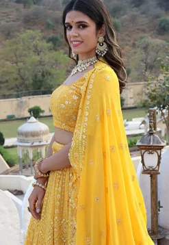 Embroidered Georgette Lehenga in Yellow