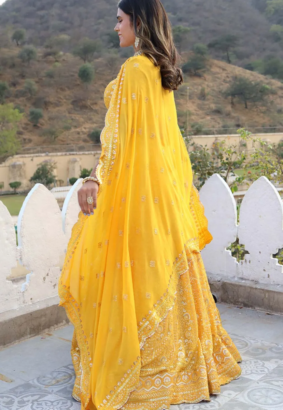 Embroidered Georgette Lehenga in Yellow