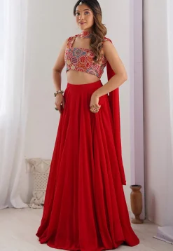 Embroidered Georgette Lehenga in Red