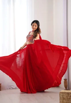Embroidered Georgette Lehenga in Red