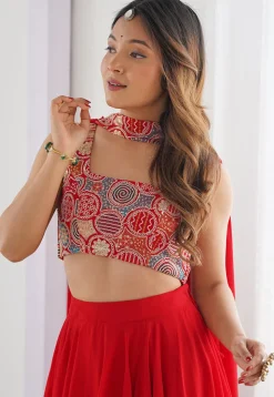Embroidered Georgette Lehenga in Red