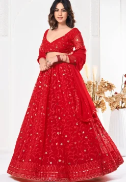 Embroidered Georgette Lehenga in Red