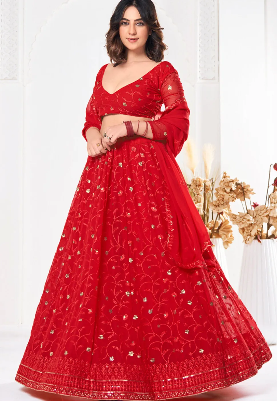 Embroidered Georgette Lehenga in Red