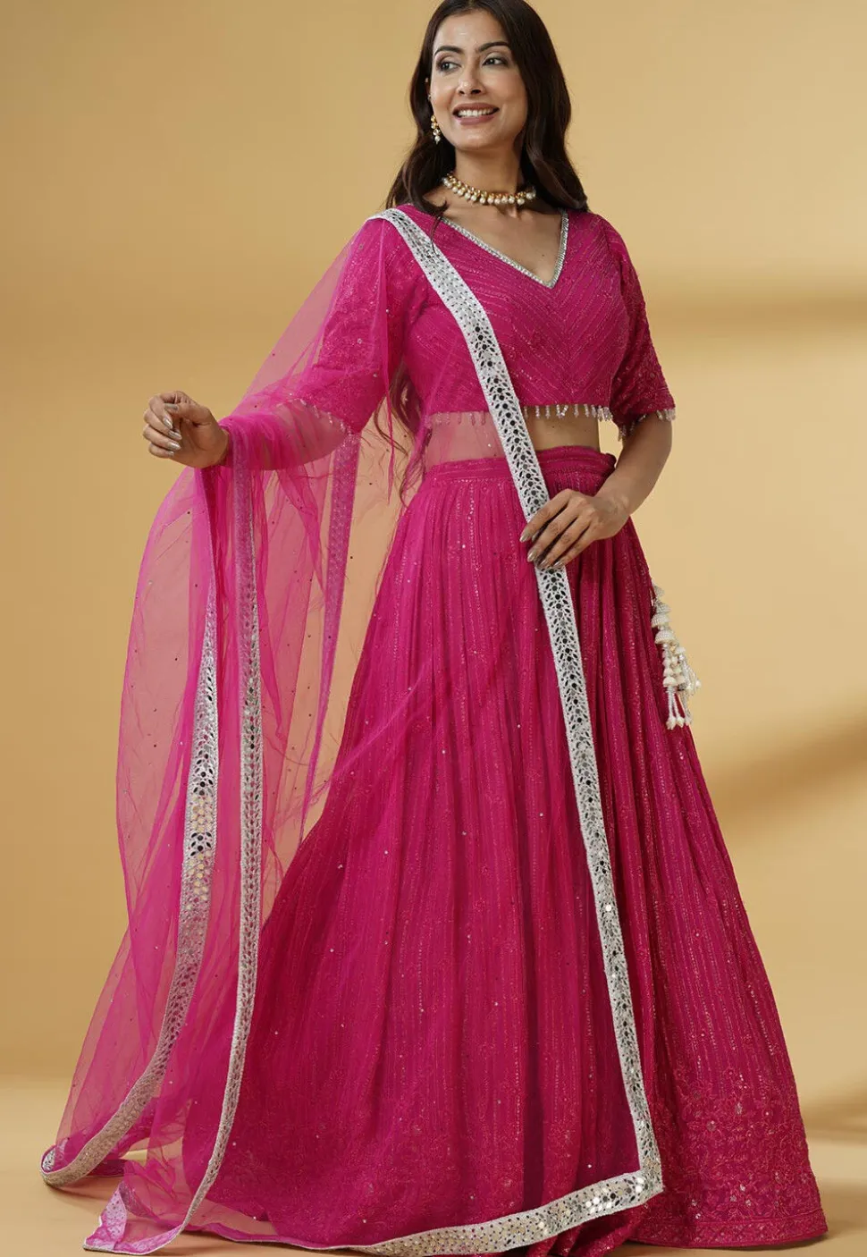 Embroidered Georgette Lehenga in Pink