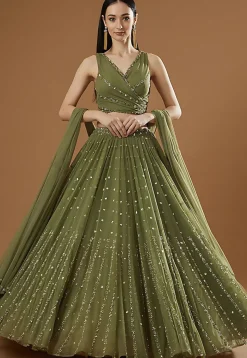 Embroidered Georgette Lehenga in Olive Green