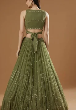 Embroidered Georgette Lehenga in Olive Green