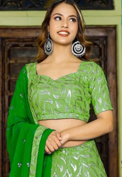 Embroidered Georgette Lehenga in Shaded Green