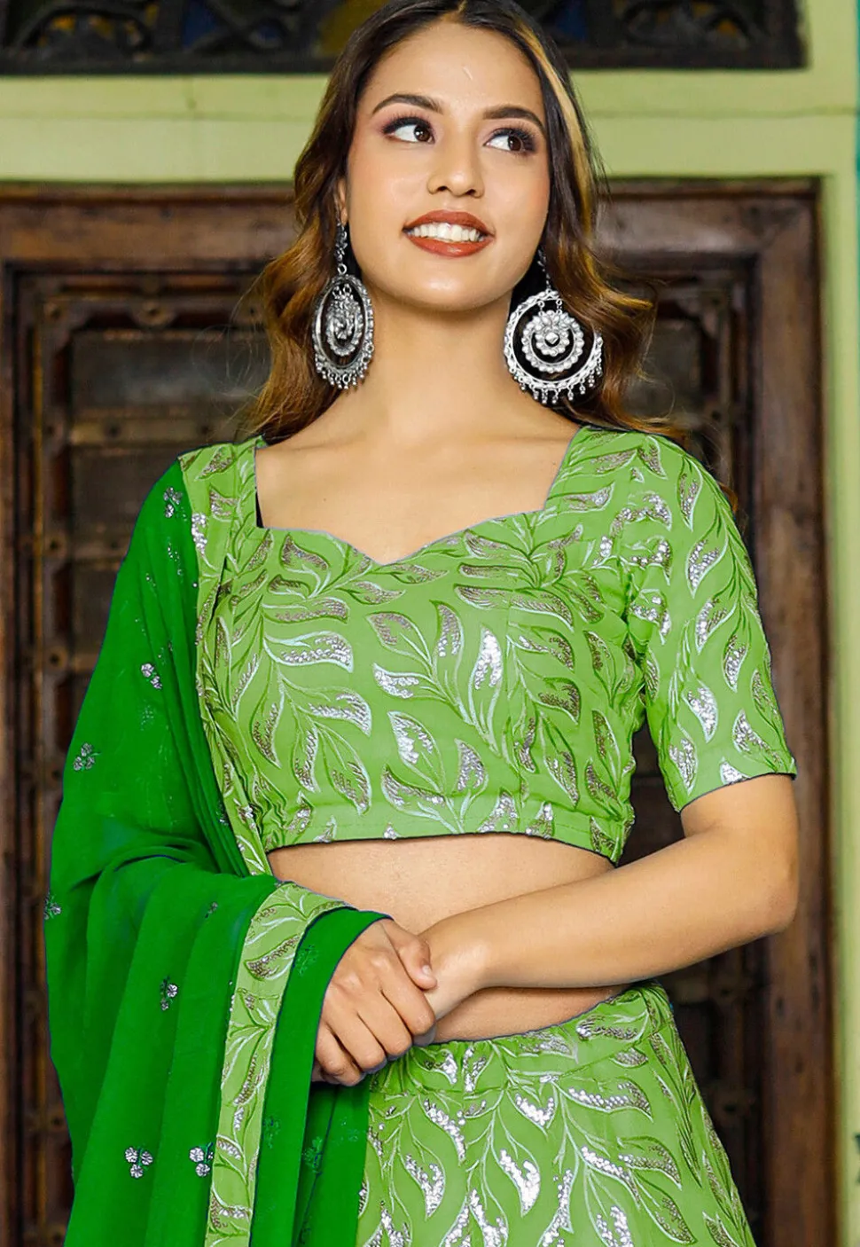 Embroidered Georgette Lehenga in Shaded Green