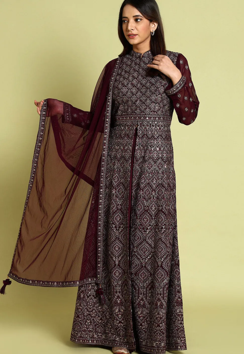 Embroidered Georgette Lehenga in Wine