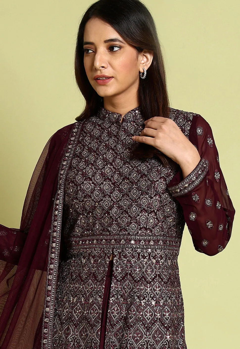 Embroidered Georgette Lehenga in Wine