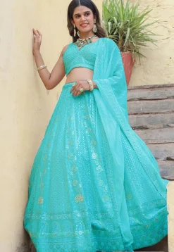Embroidered Georgette Lehenga in Turquoise