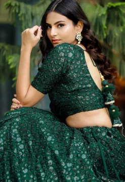 Embroidered Georgette Lehenga in Dark Green