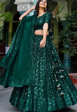 Embroidered Georgette Lehenga in Dark Green
