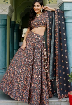 Embroidered Georgette Lehenga in Dark Grey