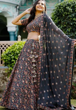 Embroidered Georgette Lehenga in Dark Grey
