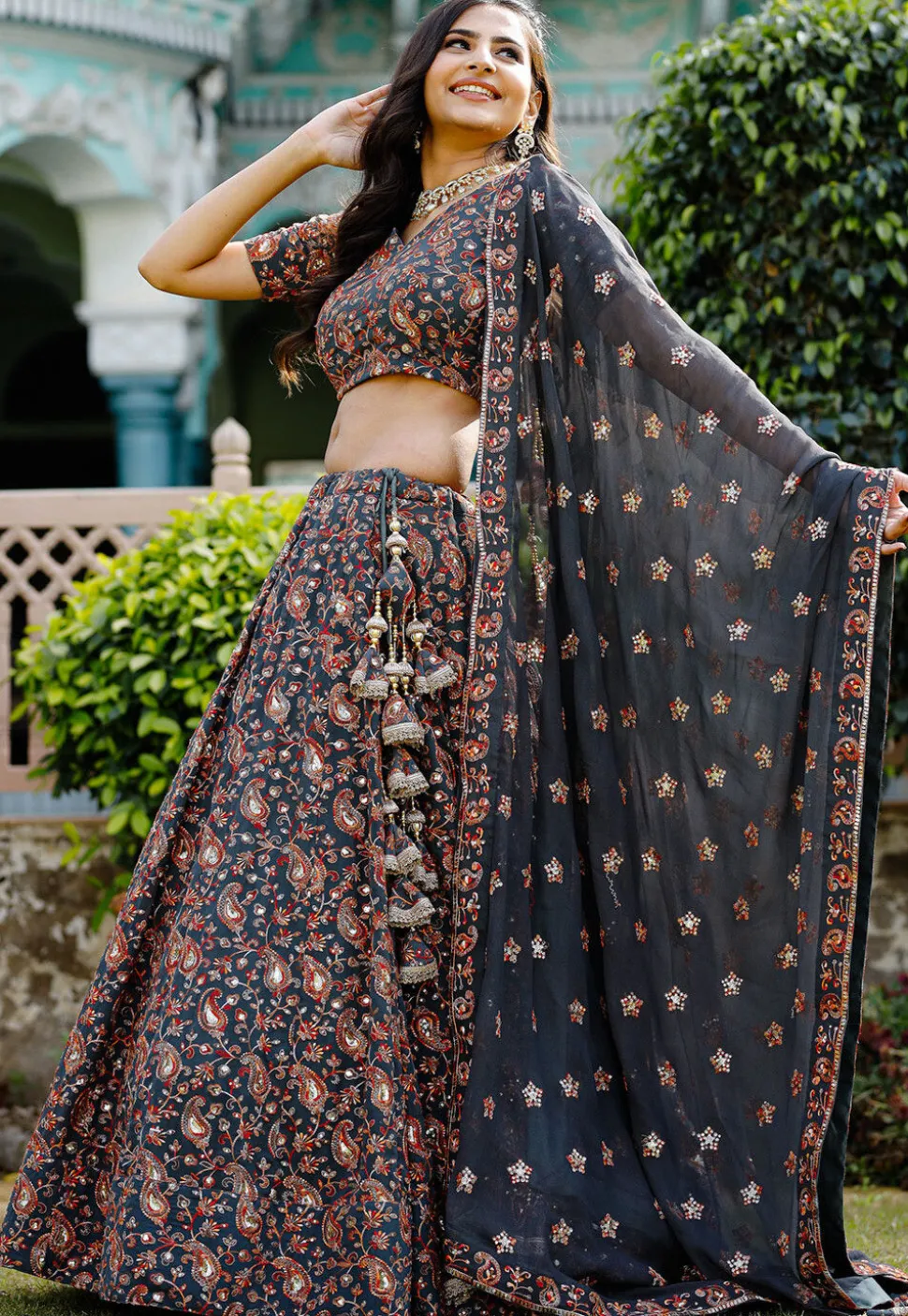 Embroidered Georgette Lehenga in Dark Grey