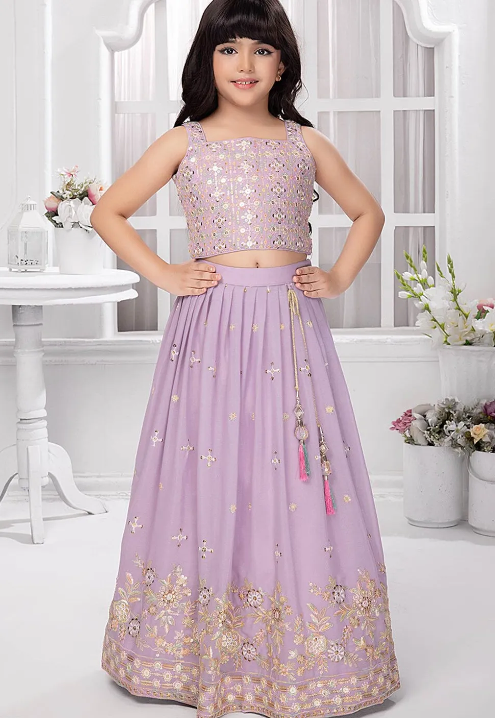 Embroidered Georgette Lehenga in Light Purple
