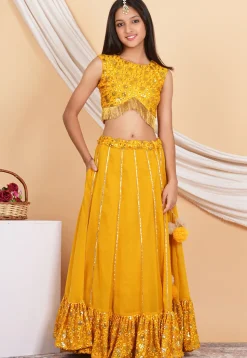 Embroidered Georgette Lehenga in Mustard