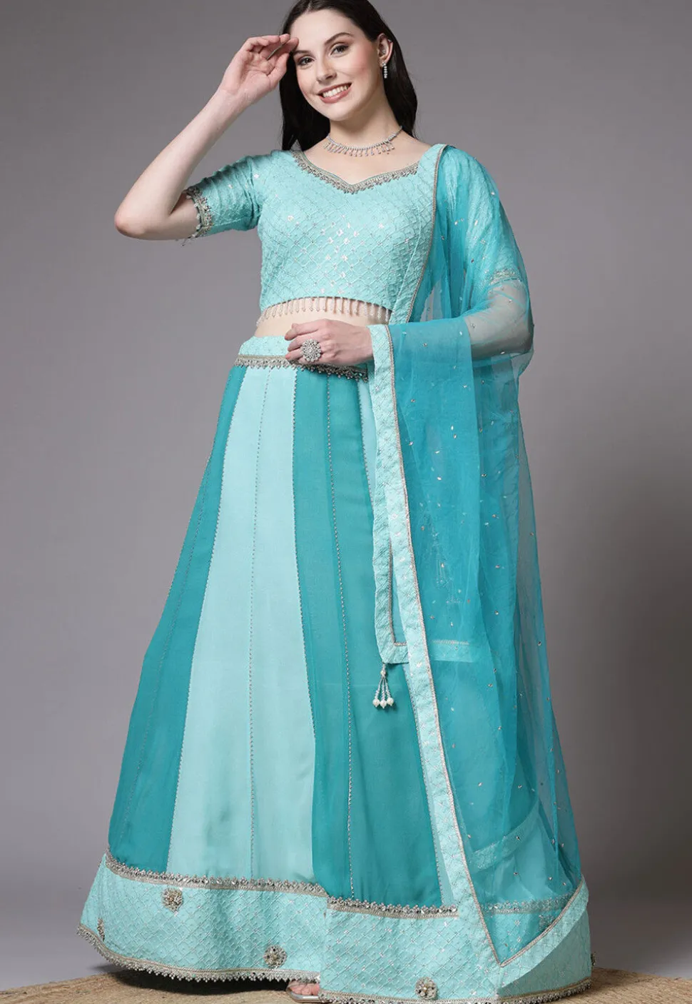 Embroidered Georgette Lehenga in Sky Blue