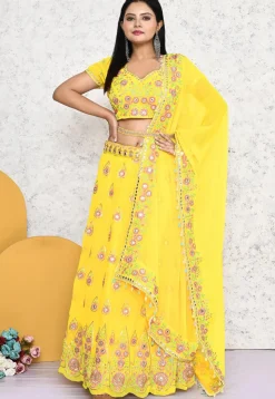 Embroidered Georgette Lehenga in Yellow