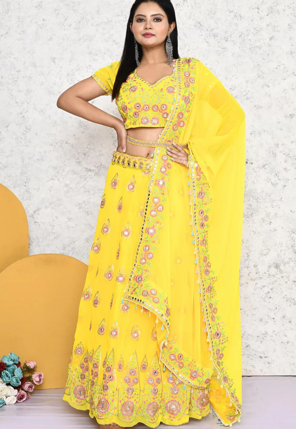 Embroidered Georgette Lehenga in Yellow