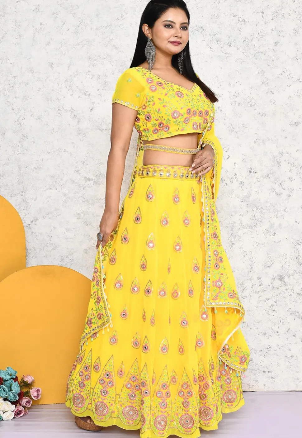 Embroidered Georgette Lehenga in Yellow
