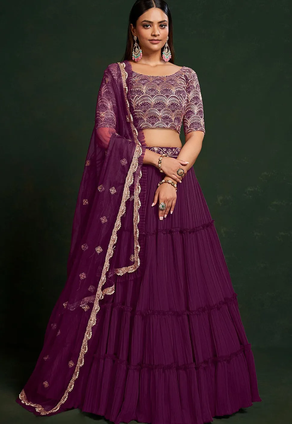 Embroidered Georgette Lehenga in Purple