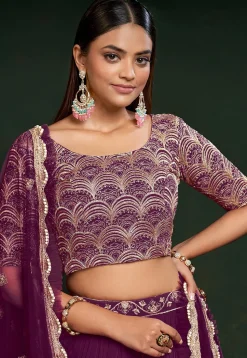 Embroidered Georgette Lehenga in Purple