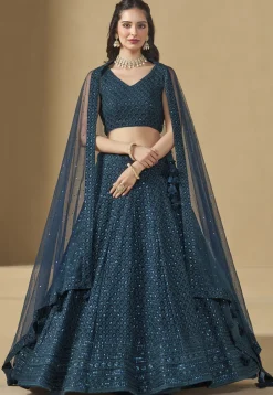 Embroidered Georgette Lehenga in Teal Blue